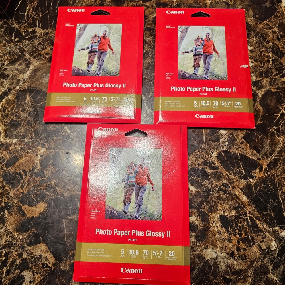 Lot of 3 Canon Photo Paper Plus Glossy II 5x7" 20 Sheets Each (60 Total) - PP-30